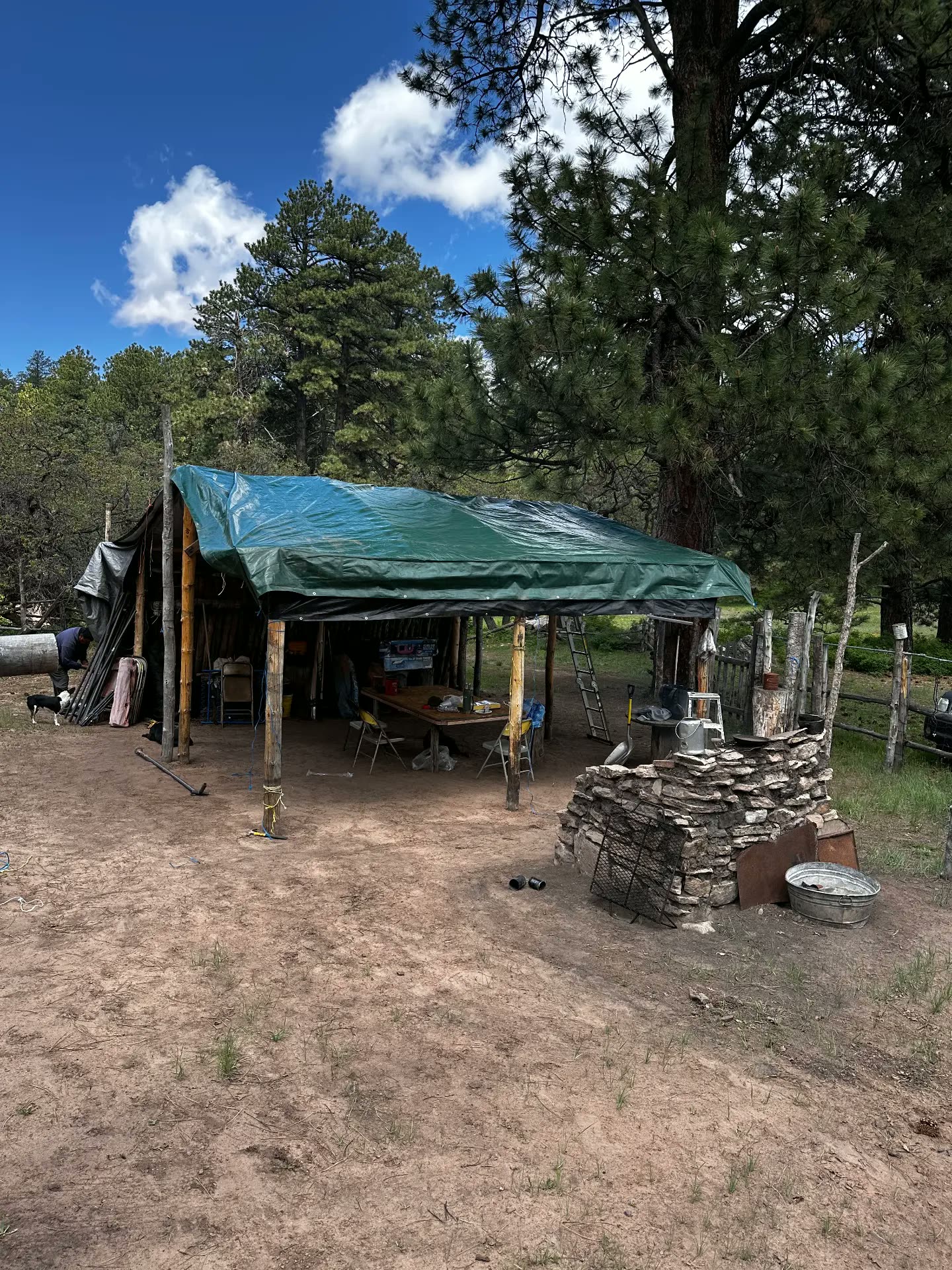 A tarp-covered shade shelter built of pine posts beside a stone fire pit in a Ponderosa pine forest.